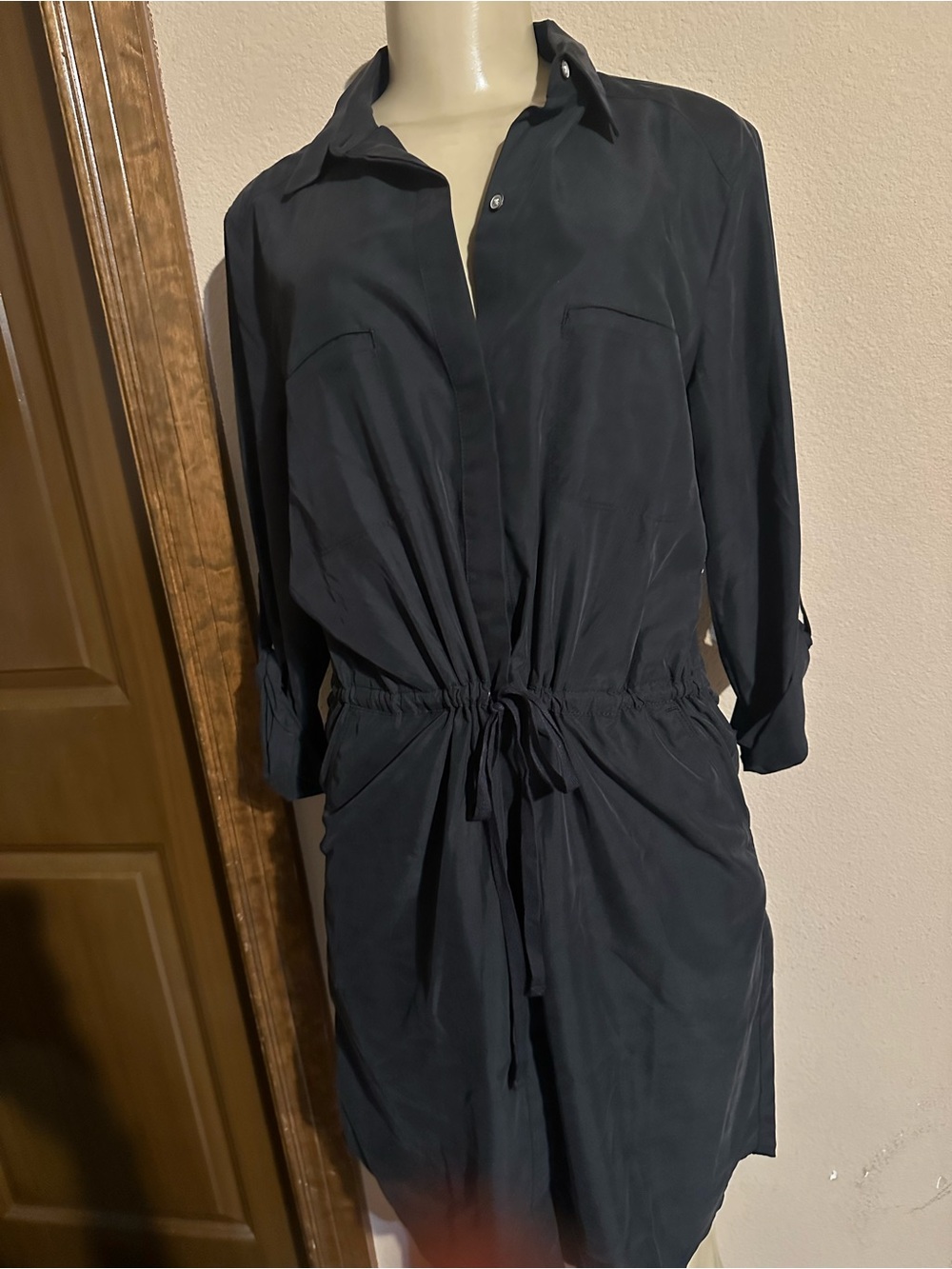 LOFT Black Long-Sleeve Drawstring Shirt Dress